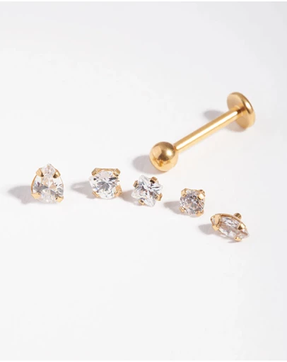Lovisa - Surgicl Steel Single Flat Back Bar & Mixed Cubic Zirconia Interchangeable Ends 6-Pack