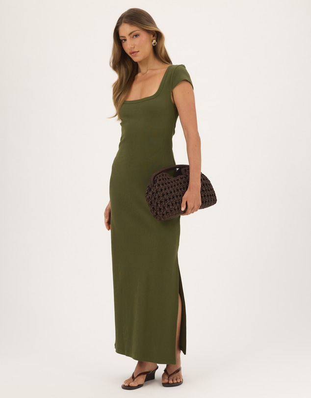 Atmos&Here - Elsie Organic Cotton Rib Square Neck Cap Sleeve Midi Dress