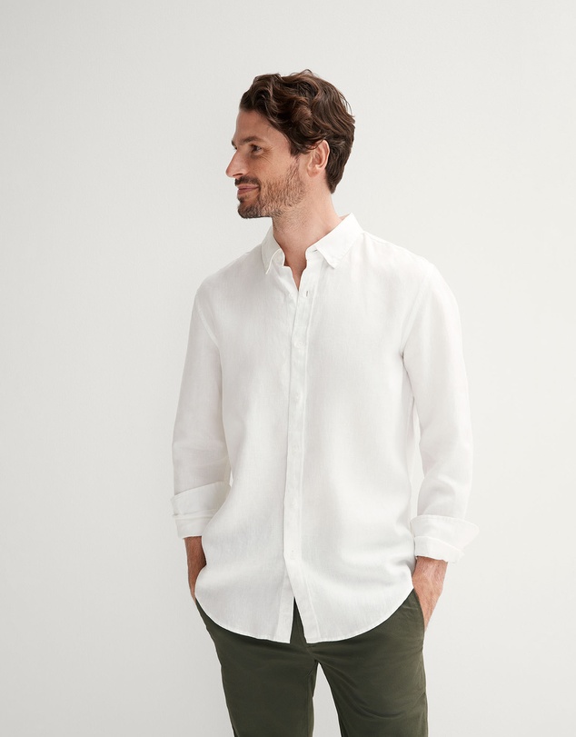 Trenery - Tailored Fit Linen Piece Dyed Long Sleeve Shirt in White