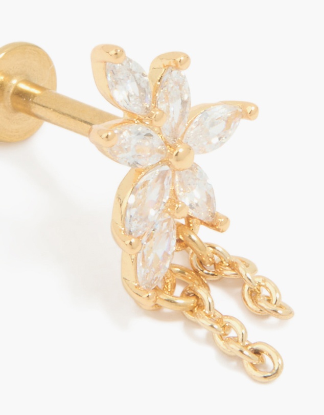 Lovisa - Gold Plated Surgical Steel Cubic Zirconia Leaf Chain Flat Back Stud