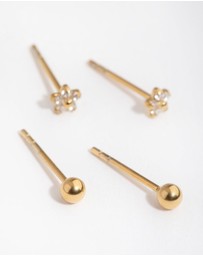 Lovisa - 24 Carat Gold Plated Surgical Steel Flower & Ball Pack Stud Earrings