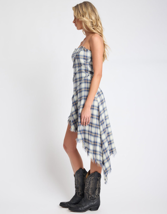 ONE TEASPOON - Heart Of Glass Asymmetrical Flannel Mini Dress - Blue & White Check