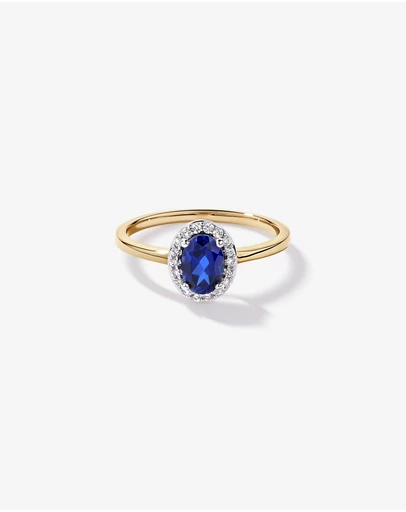 Michael Hill - Created Sapphire & 0.10TW Laboratory-Grown Diamond Halo Ring in 10kt Yellow Gold and Rhodium