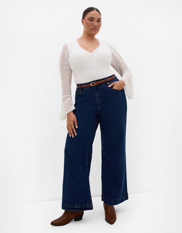 City Chic - Plus size Lola V Neck Lace Bodysuit - porcelain white