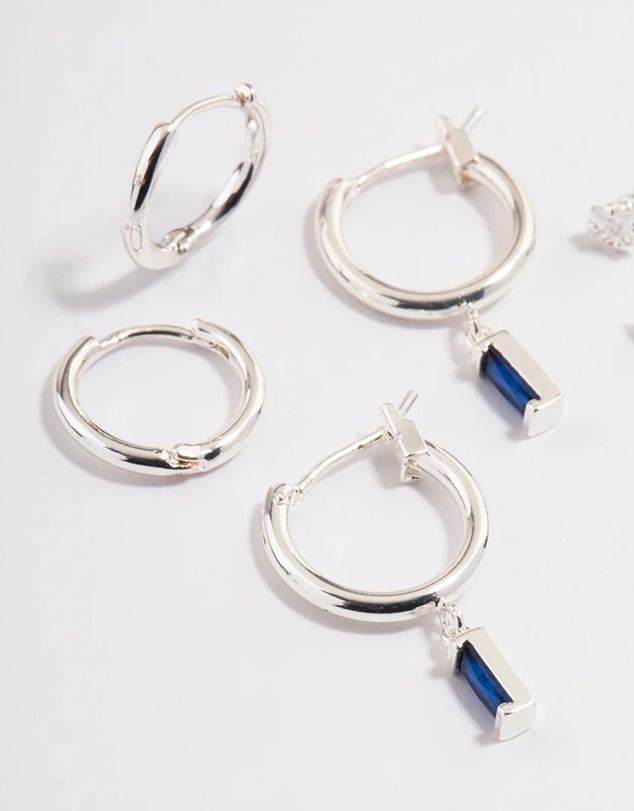 Lovisa - Silver Plated Brass Cubic Zirconia Sapphire Cut Huggie Earrings 6-Pack