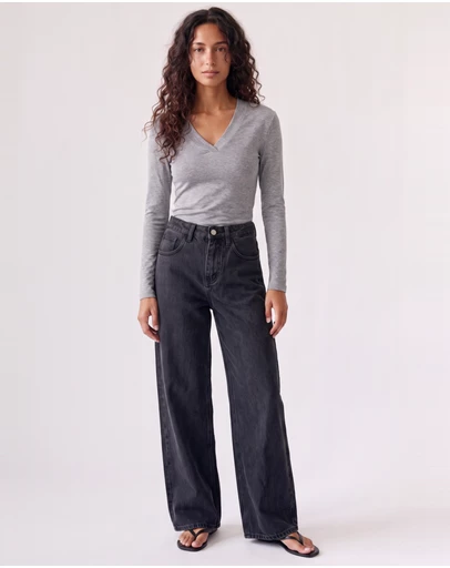 Style Addict - Margaux Deep V Henley Top - Grey
