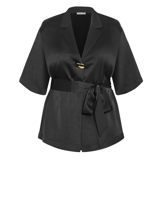 City Chic - Plus size Helena Waist Tie Satin Shirt - black