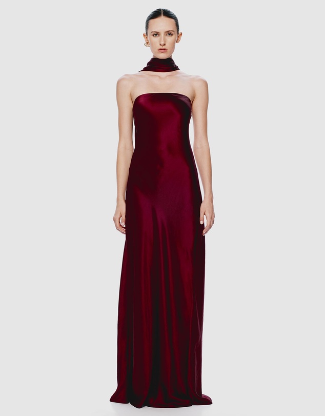 lilia sash neck maxi dress Introducing the Misha Lilia Satin Maxi Dress This satin dress screams  timeless and comes with a long sash designed to drape around the neck. Can  be worn without as-well. Size XS Hire
