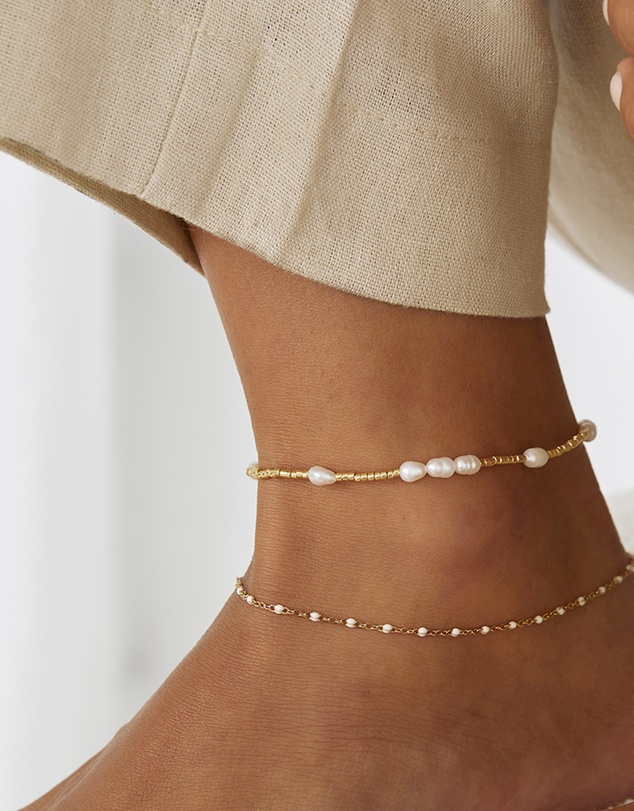 Arms Of Eve - Poppy Pearl and Glass Beaded Anklet - Gold