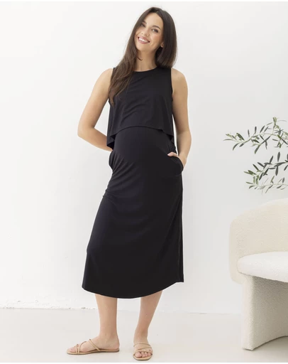 Angel Maternity - Manon Maternity & Breastfeeding Midi Dress in Black