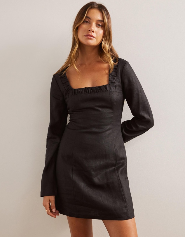 AERE - Linen Square Neck Detail A Line Mini Dress