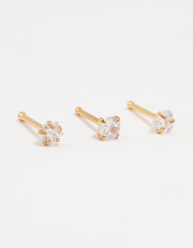 Lovisa - Gold Plated Titanium Graduating Cubic Zirconia Nose Studs 3-Pack
