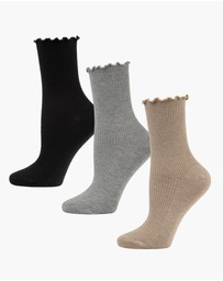 Pussyfoot - 3 Pack Ribbed Frill Quarter Crew Socks Bamboo Cotton Circulation Friendly Comfort Top
