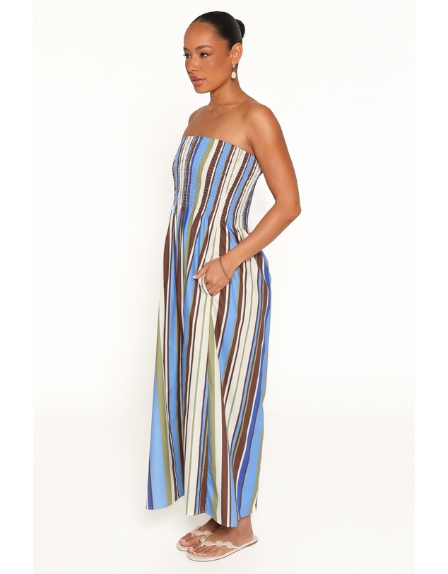 Petal & Pup - Nella Strapless Maxi Dress - Blue/Khaki Stripe