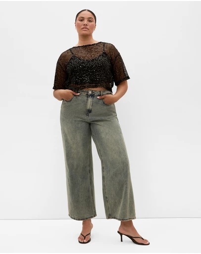 City Chic - Plus size Stardust Sequin Crop Top - black