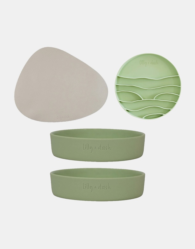 Lilly + Dash - Cat Eat and Drink Set – 2 Bowls + Lick Insert + Slate Placemat