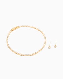 Lovisa - Gold Plated Small Cubic Zirconia Baguette Tennis Bracelet & Earrings Set