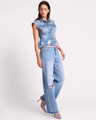 ONE TEASPOON - Bolt Blue Lowriders Low Waist Wide Leg Jeans