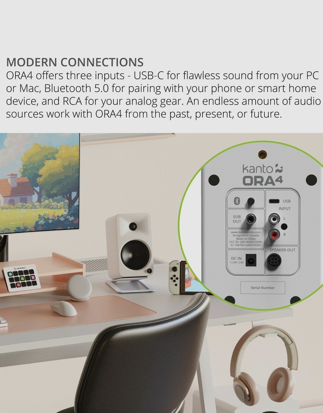 iWorld - Kanto ORA4 140W Powered Reference Speakers with USB-C Input and Bluetooth - White, Pair