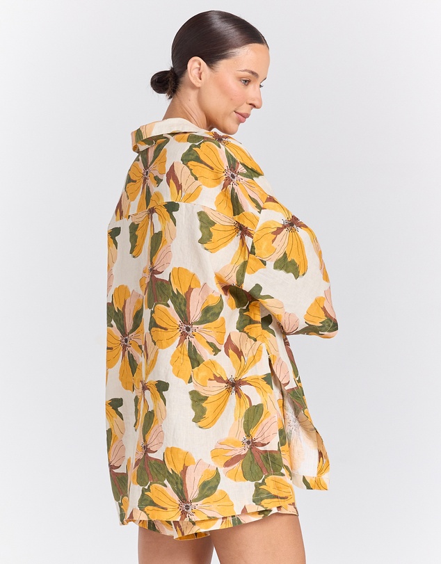 Poolside Paradiso - Tropics 100% Linen Resort Over Shirt - Marigold