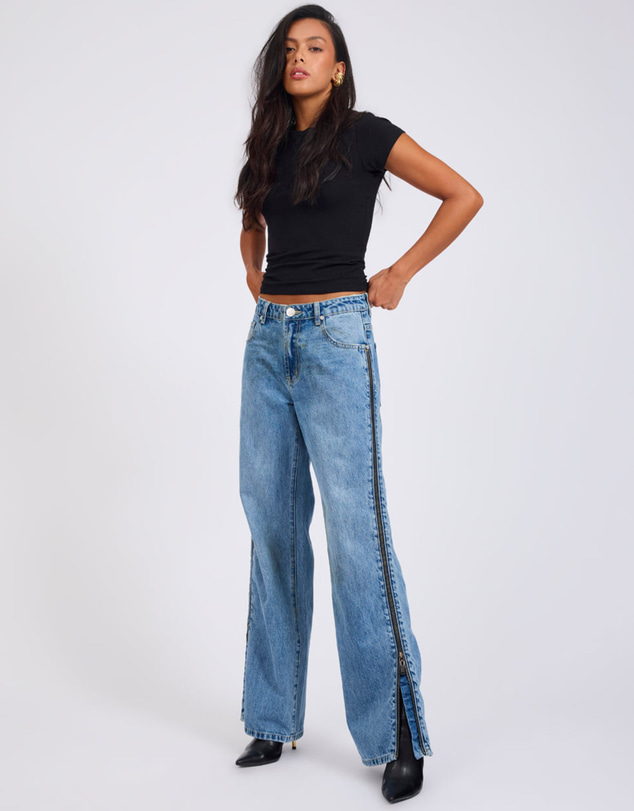 ONE TEASPOON - Low Riders Low Waist Wide Leg Zipped Denim Jeans - Pretty Blue