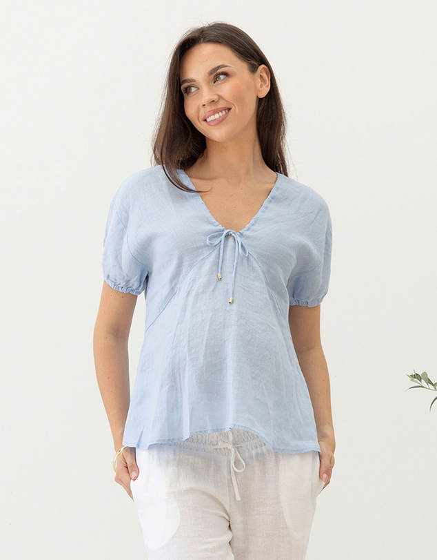 Angel Maternity - Brigitte Maternity Linen Blouse Top - Baby Blue