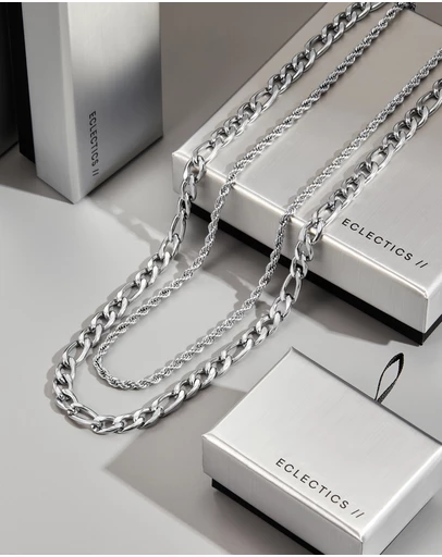 Eclectics - Fortress Rope and Figaro Chain Necklace - Stainless Steel