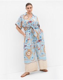 City Chic - Plus size Postcard Voyage Print Wide Leg Pant - sky blue