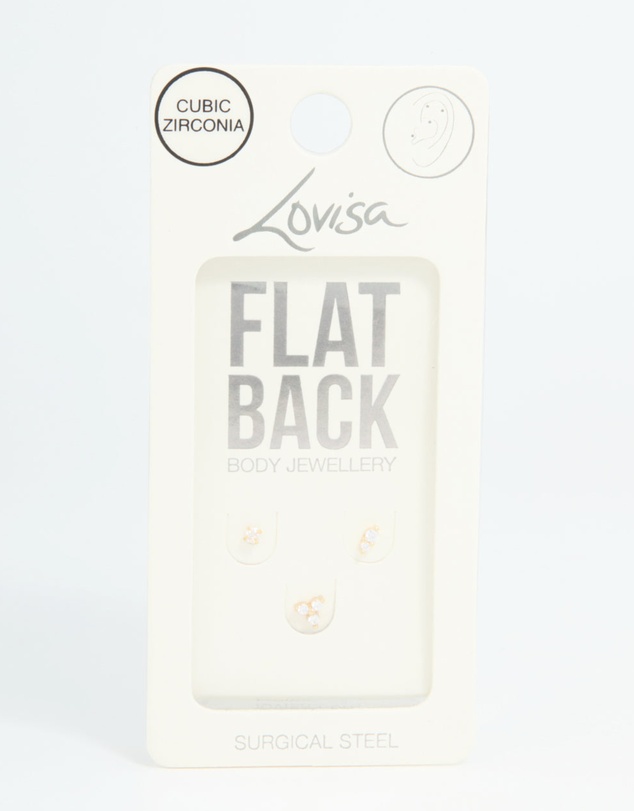 Lovisa - Gold Plated Surgical Steel Cubic Zirconia Round Flat Back Studs 3-Pack