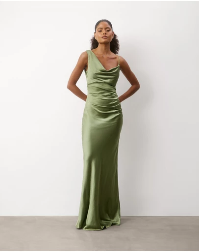 Six Stories - Cowl Front Asymmetrical Satin Bridesmaid Dress