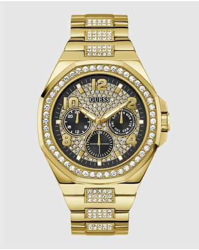GUESS - Gold-Tone Multi-function Men's 46mm Black Dial with Crystals on Bezel and Strap Analogue Watch