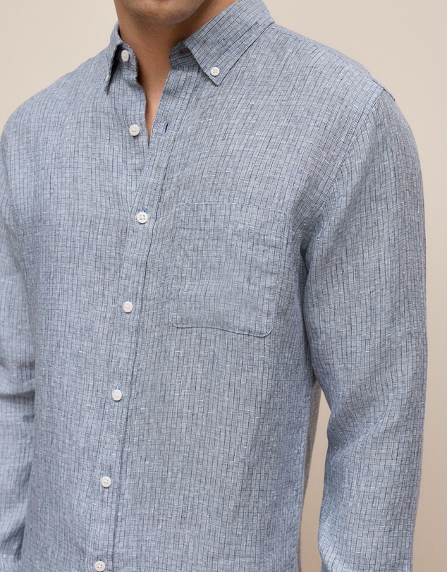 Trenery - Regular Fit Yarn Dyed Linen Grid Shirt in Navy