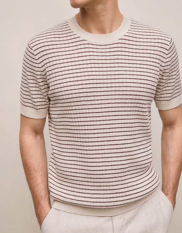 Trenery - Linen Cotton Rib Stripe Knit T-shirt in Flax