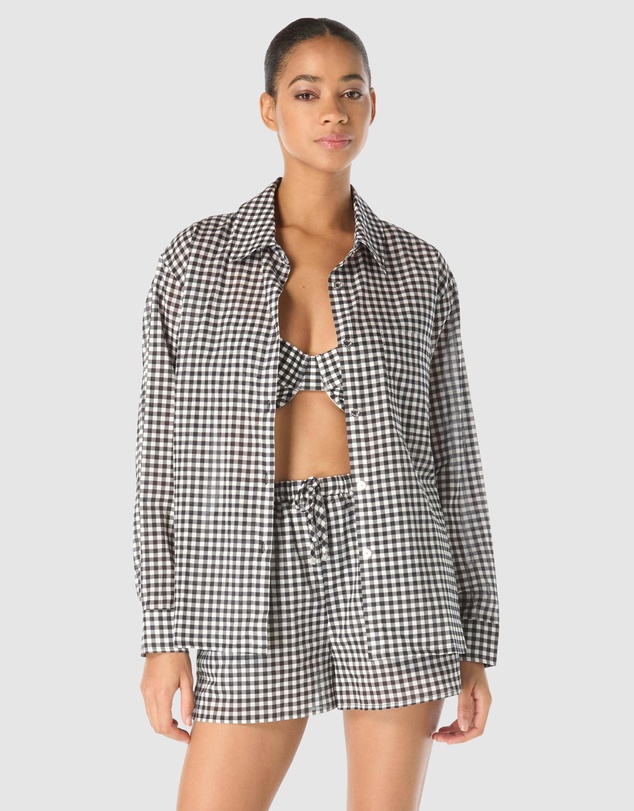 Michael Kors - Boho Gingham Cotton Long-Sleeve Beach Shirt Cover Up