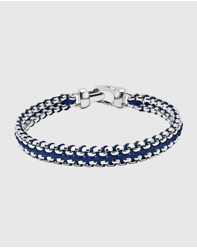 Nialaya Jewellery - Men's Navy Woven 8mm Box Chain Bracelet in Silver