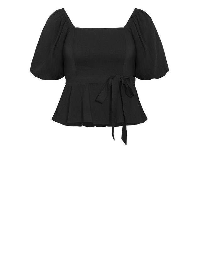 City Chic - Plus size Collins Puff Sleeve Tie Waist Top - black