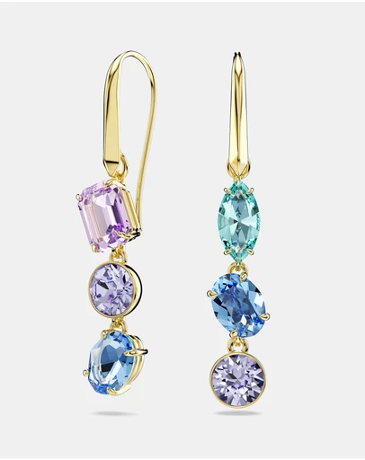Swarovski - Gema Drop Earrings, Asymmetrical Design, Mixed Cuts, Multicolored, Gold-tone Plated