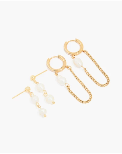 Lovisa - Waterproof Gold Plated Stainless Steel Pearl Drop & Chain Earrings 2-Pack