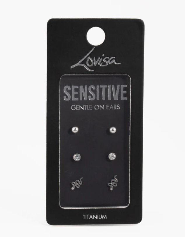 Lovisa - Titanium Diamante Snake Stud Pack Earrings