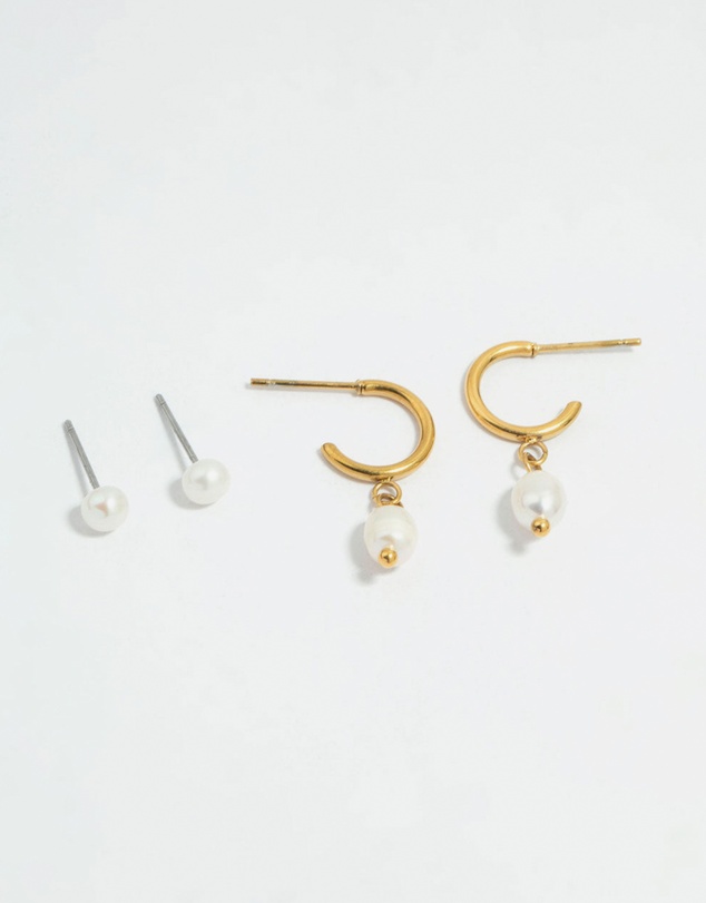 Lovisa - Waterproof Gold Plated Stainless Steel Pearl Dainty Earrings 2-Pack