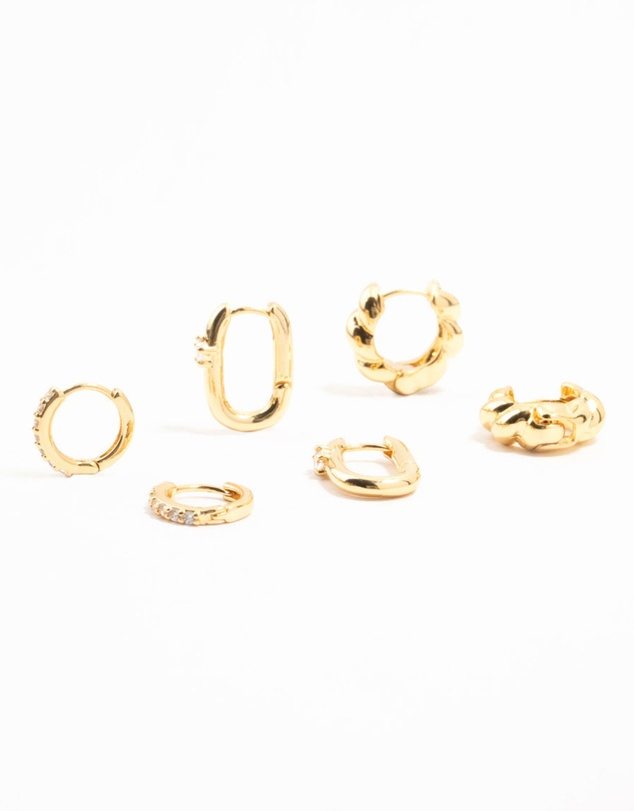 Lovisa - Gold Plated Brass Rope & Pave Cubic Zirconia Hoop Earrings 3-Pack