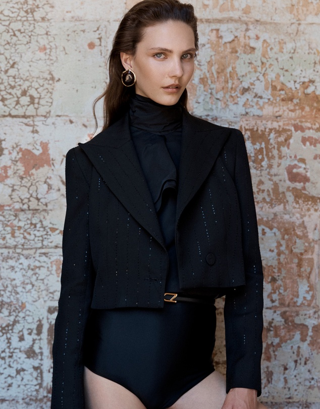 Carla Zampatti - Black Starlight Twill Peaked Lapel Cropped Jacket