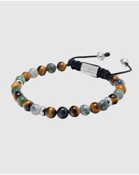 Nialaya Jewellery - Men's Beaded Bracelet with Aquatic Agate, Brown Tiger Eye and Silver