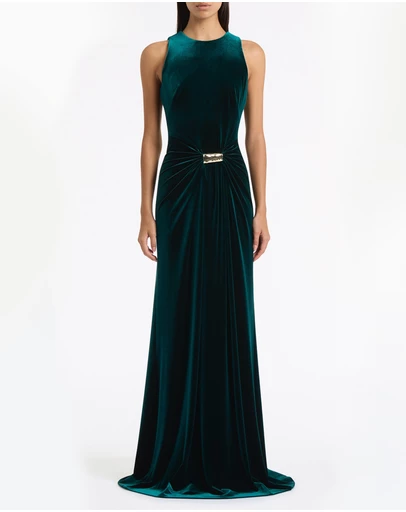 Carla Zampatti - Hunter Green Velvet Gold Detail Maxi Dress