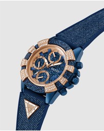 GUESS - ICONIC 40TH Denim 39mm Rose Gold-Tone Case Blue Silicone Strap