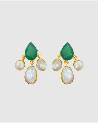 Meshca - Pyramid Emerald Onyx And Freshwater Pearl Earrings