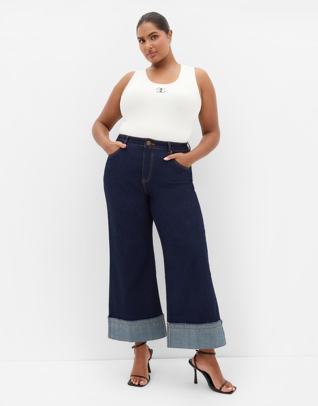 City Chic - Plus size Harley Fit Turn Up Wide Leg Crop Jean - dark wash