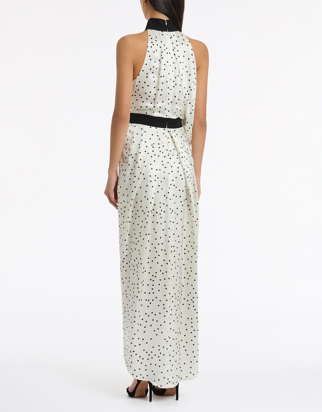 Carla Zampatti - Monochrome Dot Silk Viscose Halter Draped Gown
