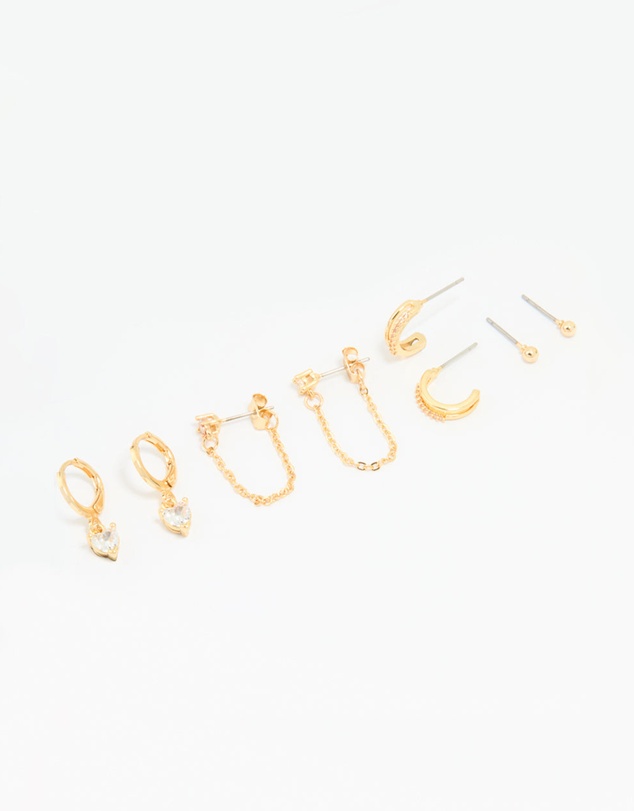 Lovisa - Gold Plated Brass Cubic Zirconia Heart & Chunky Huggie Earrings 4-Pack