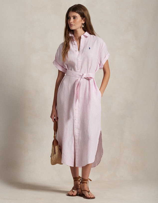 chinese dress ladies Ralph Lauren Women's Blue Linen Striped Shirt Dress